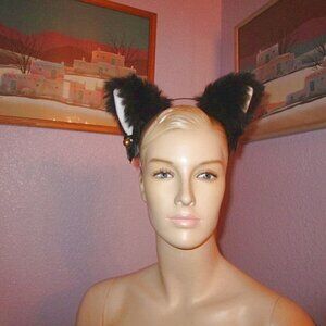 Black PLUSH Cat Ears HEADBAND Costume COSPLAY Goth KITTY Fur BELL Faux Fur
